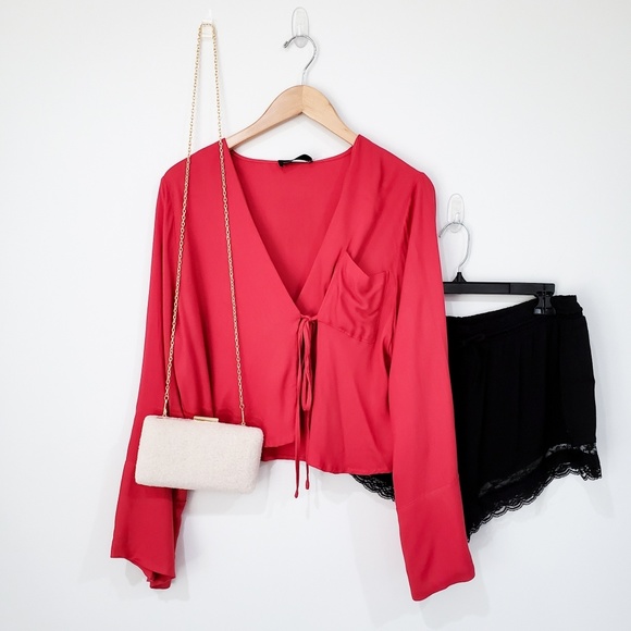 Luxe Label Tops - ZEDA BERRY FRONT TIE BELL SLEEVE BLOUSE